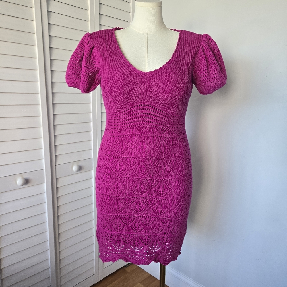 Magenta Crochet Knit Mini Dress - Brand Unspecified